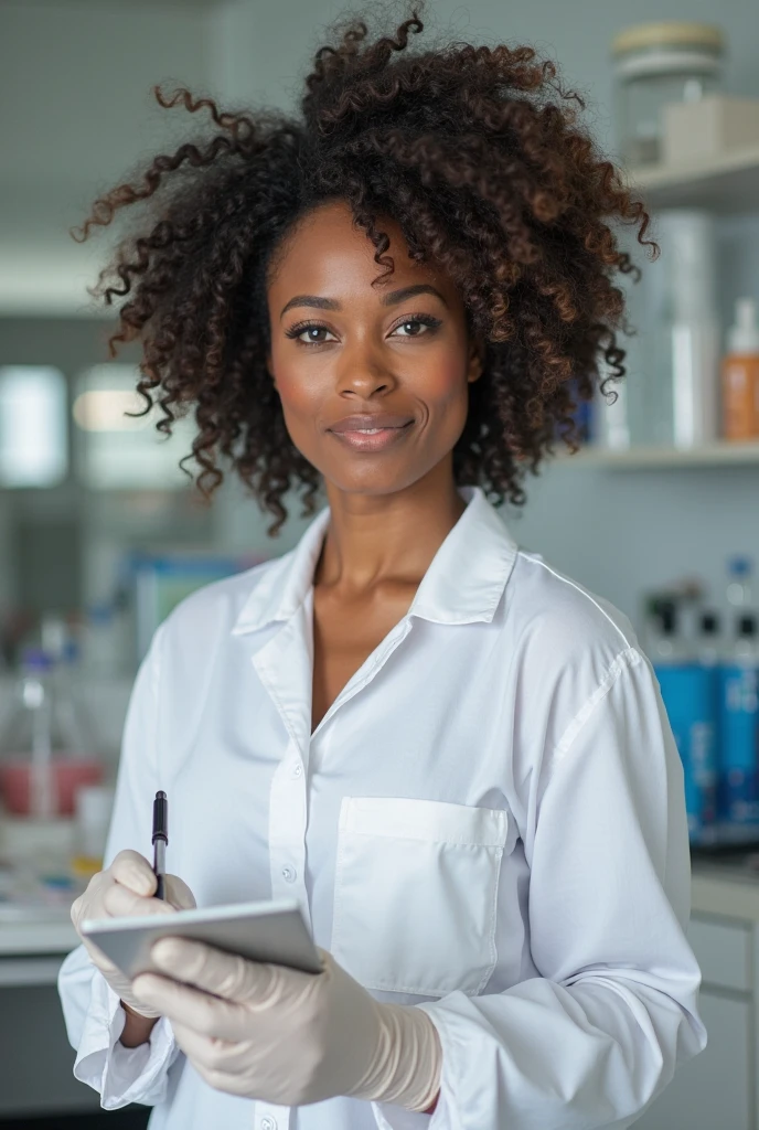 Brown woman, curly hair,80 kilos,with glasses,White lab coat of a specialist 