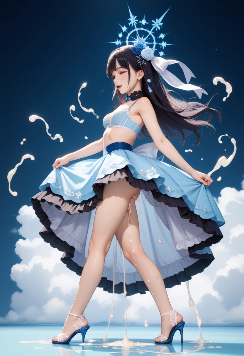 ((masterpiece)), ((best quality)), (ultra-detailed), ((kawaii)), cute, (lovely), ((sexy)), (ero), ((extremely detailed)), 4K, (8K), best quality, (beautiful), anime style, dynamic angle, in the middle, look up from below, colorful, full body focus, green meadow, morning, sunrise, summer, a cute girl, 1girl, solo, silver dress, beautiful blue hair, beautiful purple eyes, ((beautiful eyes)), white-skinned, long hair, large breast, light smile, sparkling effect, glitter effect, lens flare, wind effect, reflection effect