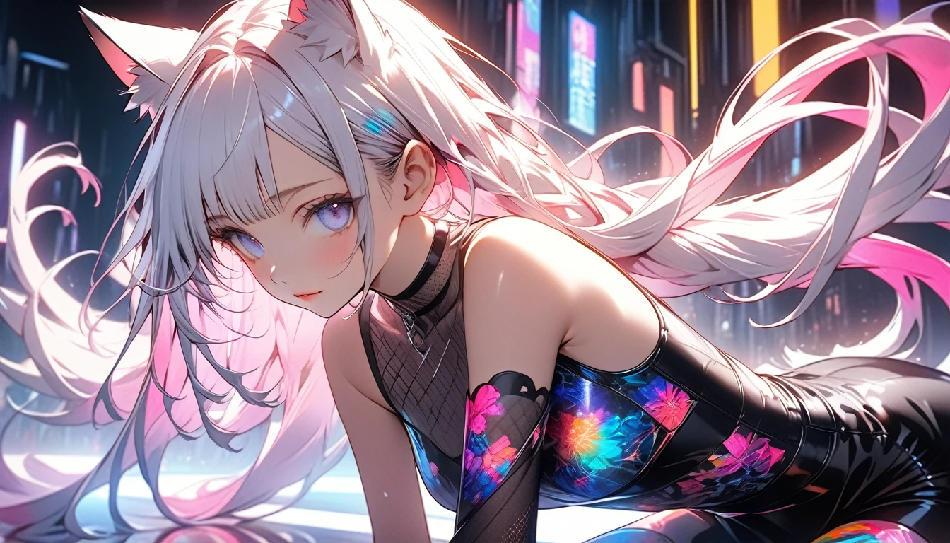 (rainbow colored hair, colorful hair, half silver、half pink hair: 1.2), ,long hair、(Cinematic digital artwork: 1.3), high quality, table top, Turquoise eyes、最high qualityの, Super detailed, figure, [4K digital art]!!、 Kyoto animation style, one woman, clavicleの美しさ, clavicle, light, want, blue sky, positive, Dead leaves dance、full moon、On a tree-lined street、taking a walk、((black、transparent silver dress sedan sexy clothes))、（（Scarlet、Polka dot unset, motivation, shine, dynamic perspective、Blue glasses、Green ribbon、twin tails、embarrassed face、cute face、happy face
