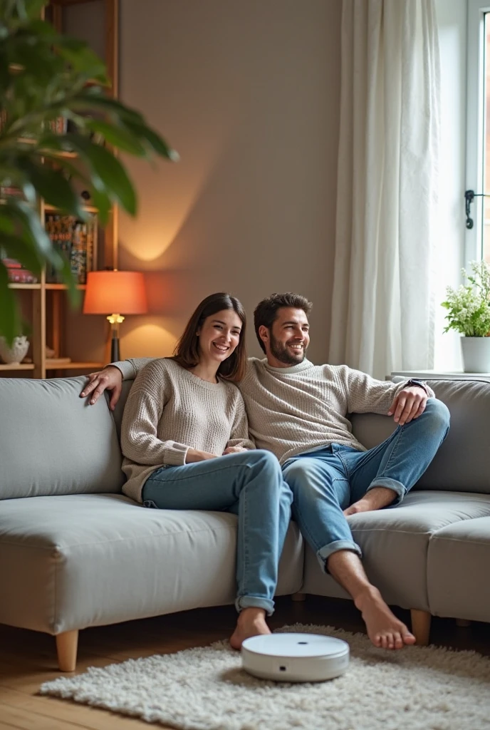 The picture shows a cozy living room scene with a couple relaxing together on a white sofa. The man is sitting upright, leaning back comfortably, while the woman is lying down with her head resting on his lap. They both appear content and are looking at a smartphone the woman is holding. The room has a light and airy feel, with a large window allowing natural light to fill the space. There's an air conditioning unit mounted on the wall behind them. The wall has a rustic, partially distressed look, adding character to the room. There's also a side table with decorative items, a potted plant, and a floor lamp in the background. The overall atmosphere is relaxed and intimate.