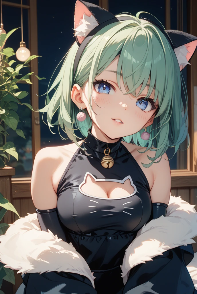highest quality,wonderful,masterpiece,delicate,ultra high resolution,Super detailed,intricate details,beautiful,8K resolution,(Highly detailed CG Unity 8K wallpaper),sharp focus、anime、fiction、one woman、dark green hair、Dark green hair、short hair、Short Hair、Cat ear、Green Eyes、Vibrant Hair、Shaggy hair、Messy Hair、Vibrant Skin、Glowing Skin、 、Lolita、small、、、Short、Young、Beautiful Eyes、Glitter eyes、Shining eyes、happiness、Pleasure、smile、highest quality、very detailed、very realistic face、very realistic eyes、highest quality、very detailed、aperture body、Be beaten、beautiful feet、Outdoor、spring、nature、Big Breasts、Close-up of face、From the chest up、valley