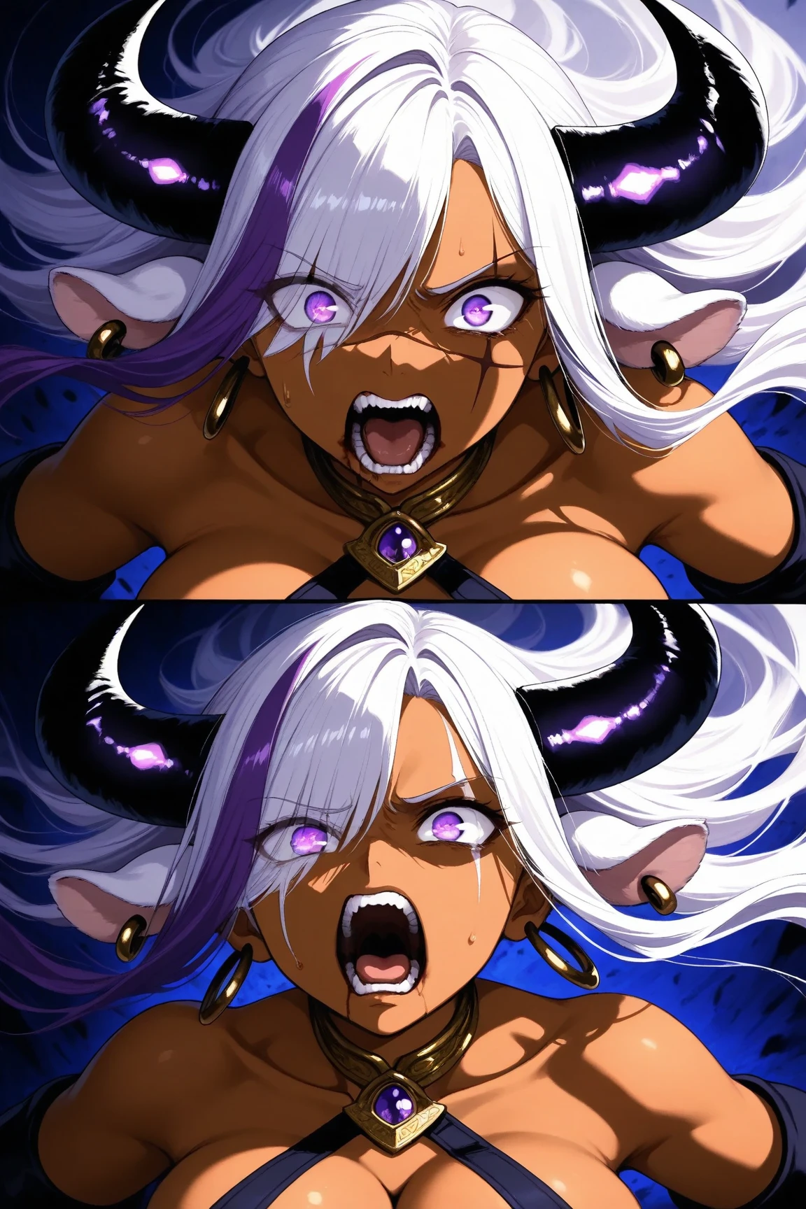 gray hair, gray long hair, ((yellow eyes)), eye patch, (((muscular))), big breasts, happy, (tanned skin), ((black clothes)), sexy, Ghislaine Dedoldia of Mushoku Tensei, fur-trimmed jacket, green pants, open fly, open belt, bikini top only, red choker, cat ears