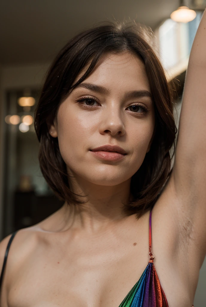 closeup of a beautiful woman wearing a blue sports bra with tiny tits in an alley at night, sexy, brunette, short hair, blunt bangs, one arm up, armpits,<lora:armpitstubble:0.6>, hero pose