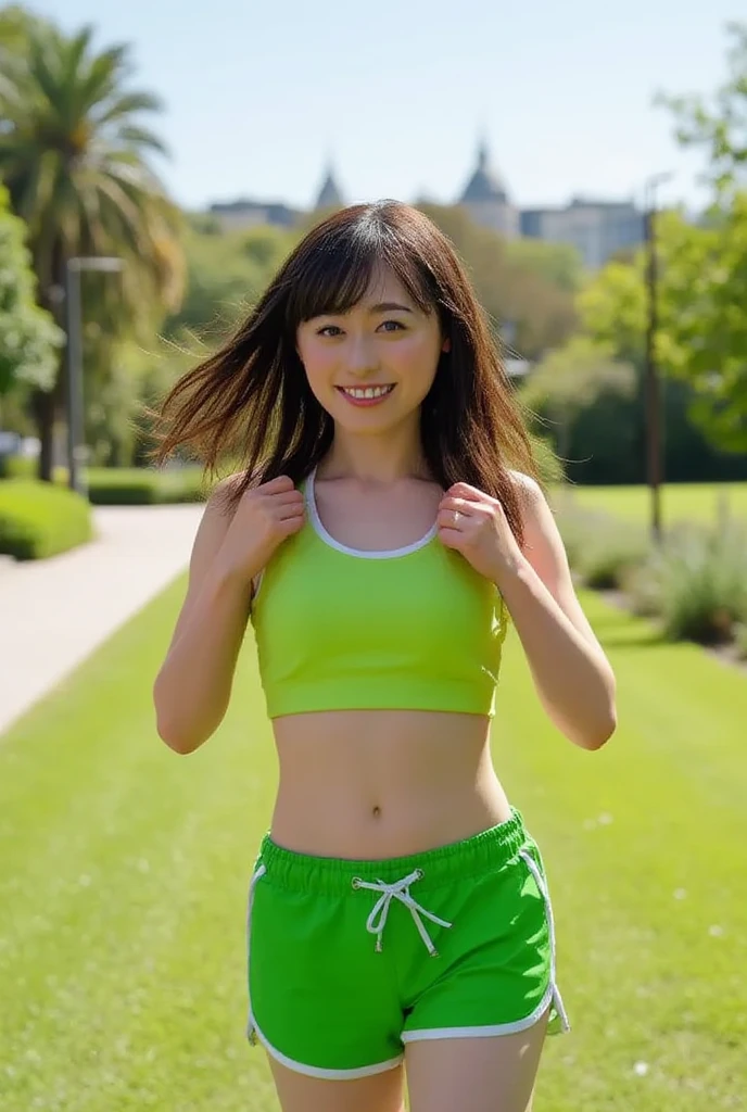 professional full body photo, high detail, realistic skin, Glamorous Hayden Panettiere with flirty smile (((white crop top:1.1))), (((lime sweatpants:1.1))), in the beautiful garden, sunny day, (skin texture:1.1), (detailed eyes), (long wavy hair), (detailed face), (skin pores), (legs), (lean perfect body), (((medium breasts))), beautiful body and face, facing the camera, (masterpiece), (photorealistic:1.4), RAW photo, high res, rich colors, backlight, bright sunlight, cinematic lighting, film grain, 50mm lens, Nikon D850, cool colors, golden ratio,, anatomically correct, perfect anatomy, redhead.