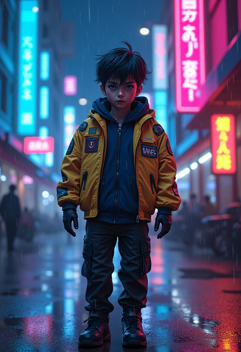 A little boy standing on the street full of traffic cyberpunk style
