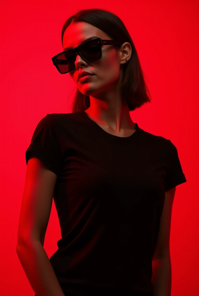 The following features can be seen in this image: - A woman standing against a red wall.
- Woman standing against a red wall
- She is wearing a black top and pants
- She is wearing sunglasses, hiding her eyes.
- Her hair is swaying in the wind
- Serious expression.
- Overall, the contrast between red and black is clear.