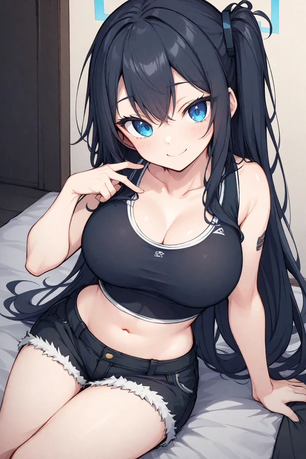 woman, wearing a thong, facing the camera, wearing a black skin tight shirt, long blue hair, blue-grey eyes, gorgeous features, medium breasts, perky breasts, clear face, symmetrical face, detailed eyes, beautiful hair, smile, anatomy, fit, 4k, masterpiece, best quality, high quality, HDR