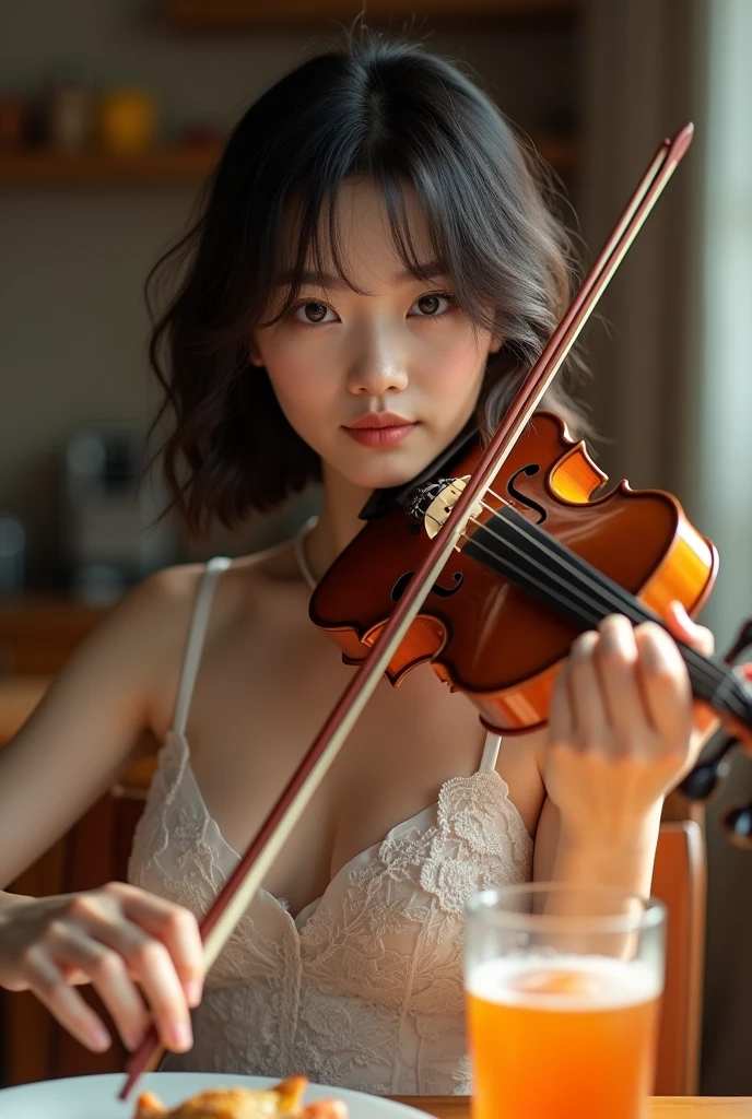 (20-year-old Japanese top idol), (Small breasts,:1.5,),(solo,Textured skin, High detail, Highest quality, Super detailed, Surrealism, realism,8k,RAW Photos,Professional Lighting,),(((Live house lighting,violinist,Rock Violin,Playing the violin,Bob Hair,Full Body Shot,dress)))