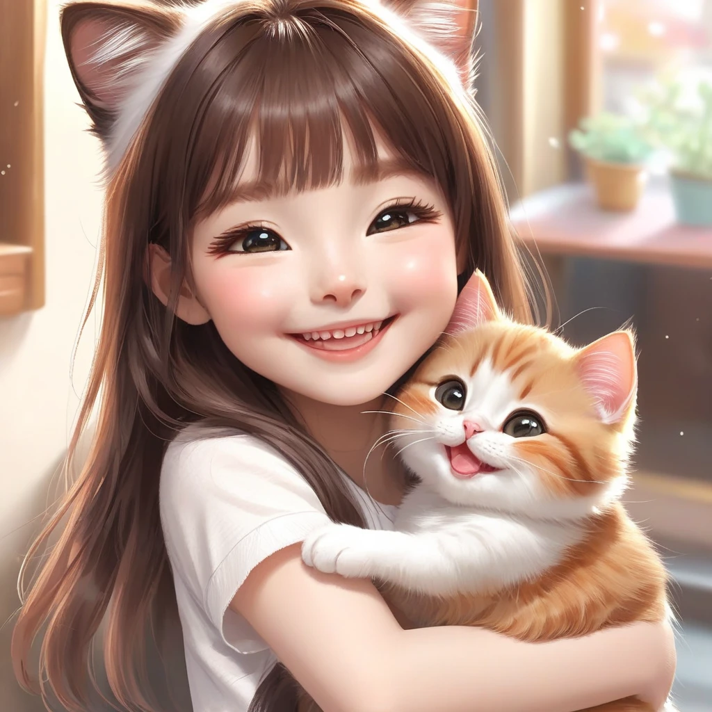 (cute little、Holding a white fluffy kitten) --auto