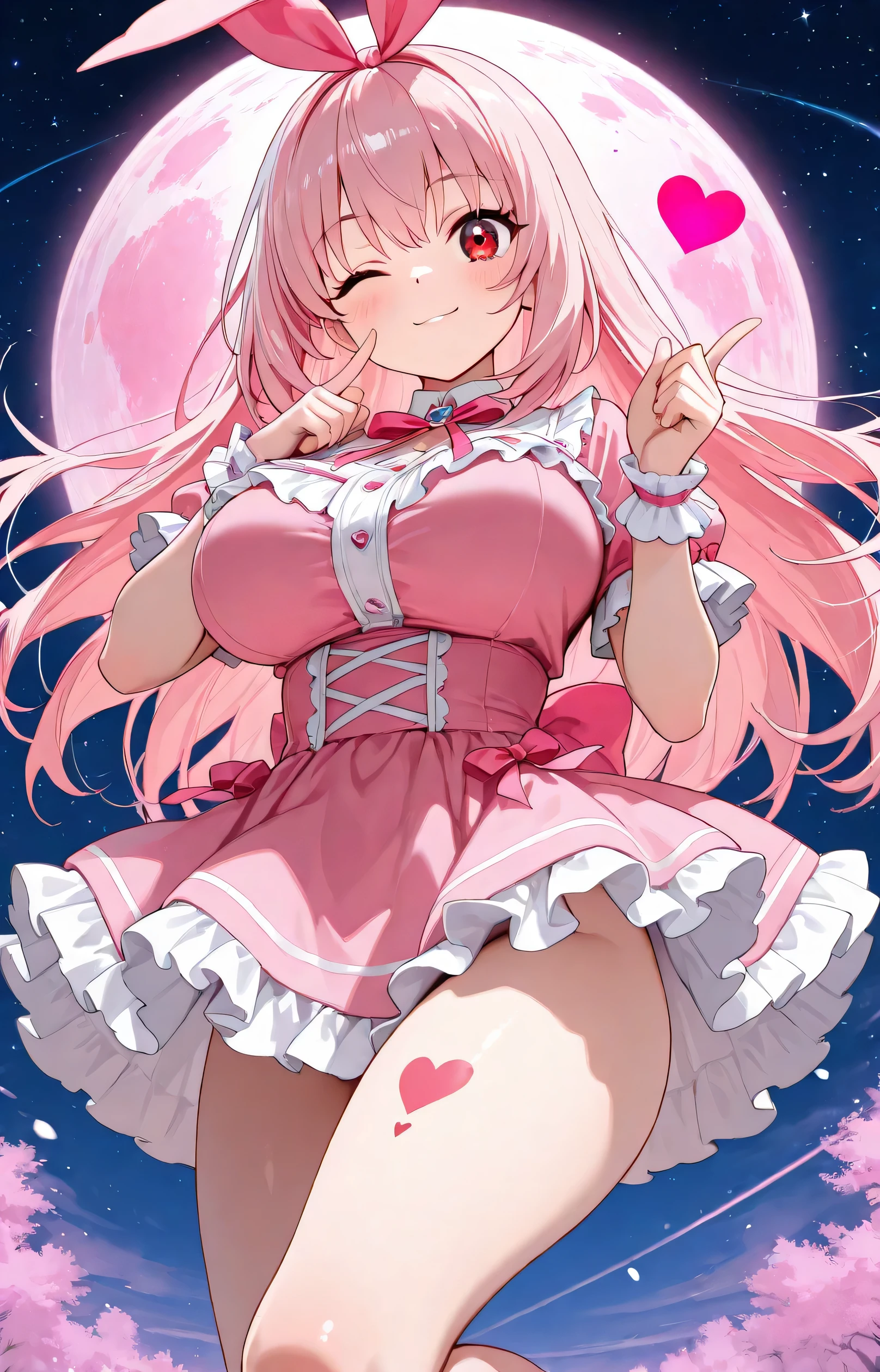 Highest quality、Shiny silk short sleeve puff sleeve pink maid outfit、See-through、Micro Mini Skirt、too short flared skirt、Giant ribbon knot、Round collar、garter belt、Pink high heels with ribbon、Katyusha with ribbon、Flushed Cheeks、Embarrassed look、Big Breasts、White underwear、Tucked up、Looking up from below、Soaking wet