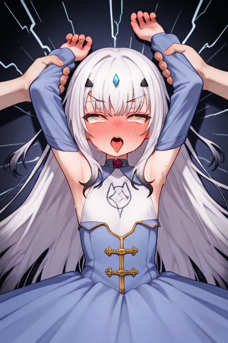 Highest quality, masterpiece, High resolution, alone, {murakumo_Fleet Collection:1.15}, length_hair, hair_ribbon, ribbon, headgear, 前hair, gray_hair, Side Lock, dull_前hair, tie, blush, One girl, gloves, black_gloves, Fingerless_gloves, Nipple piercing,Completely naked,clitoris,Leg spread