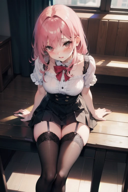 (8K、Top image quality、top-quality、masterpiece)、A detailed face、1 girl in、A pink-haired、short hair、blunt bangs,、twintails、wavy hair、black eyes、piercings、smirk grin、Moderately breasts、Pink ruffled clothing、off shoulders、a black ribbon、Black pleated skirt、a miniskirt、White Socks、Leather shoes、Thick bottom、squatting、hands on own face、((white thong))、Taken from below、Downtown background at night
