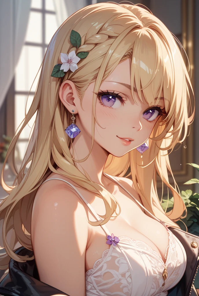(masterpiece, best quality, absurdres), high quality, highres, ultra detailed, intricate, cinematic lighting, wallpaper, soft lighting, night, close-up, looking at viewer, beautiful woman, 1girl, parted lips, kei Karuizawa, small breasts, blonde hair, bangs, ponytail , detailed violet eyes, ((Super Realistic Detailed Eyes, glowing eyes)), beautiful face,smiling,close up to hips, beautiful breast, in the middle of flowers field, wearing beautiful wedding dress, (open mouth:0.4),illustration,detailed textures(realists),ultra-detailed,portrait style,vivid colors,soft lighting, blushing, mature, hair fluttering, evening light , head band, cleavage
