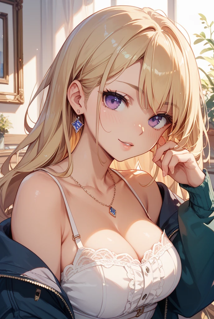 Tabletop, highest quality,figure, wallpaper, Super detailed, Absurd beauty、Lying down、Sloppy、Laziness、((1 beautiful girl、16 years old))、(Blonde、Long Hair、Braided hair、Wavy Hair、Being lazy、Showing cleavage)、My Room、Casual attire、Summer clothes、Loungewear、evening、Backlight、The window is open