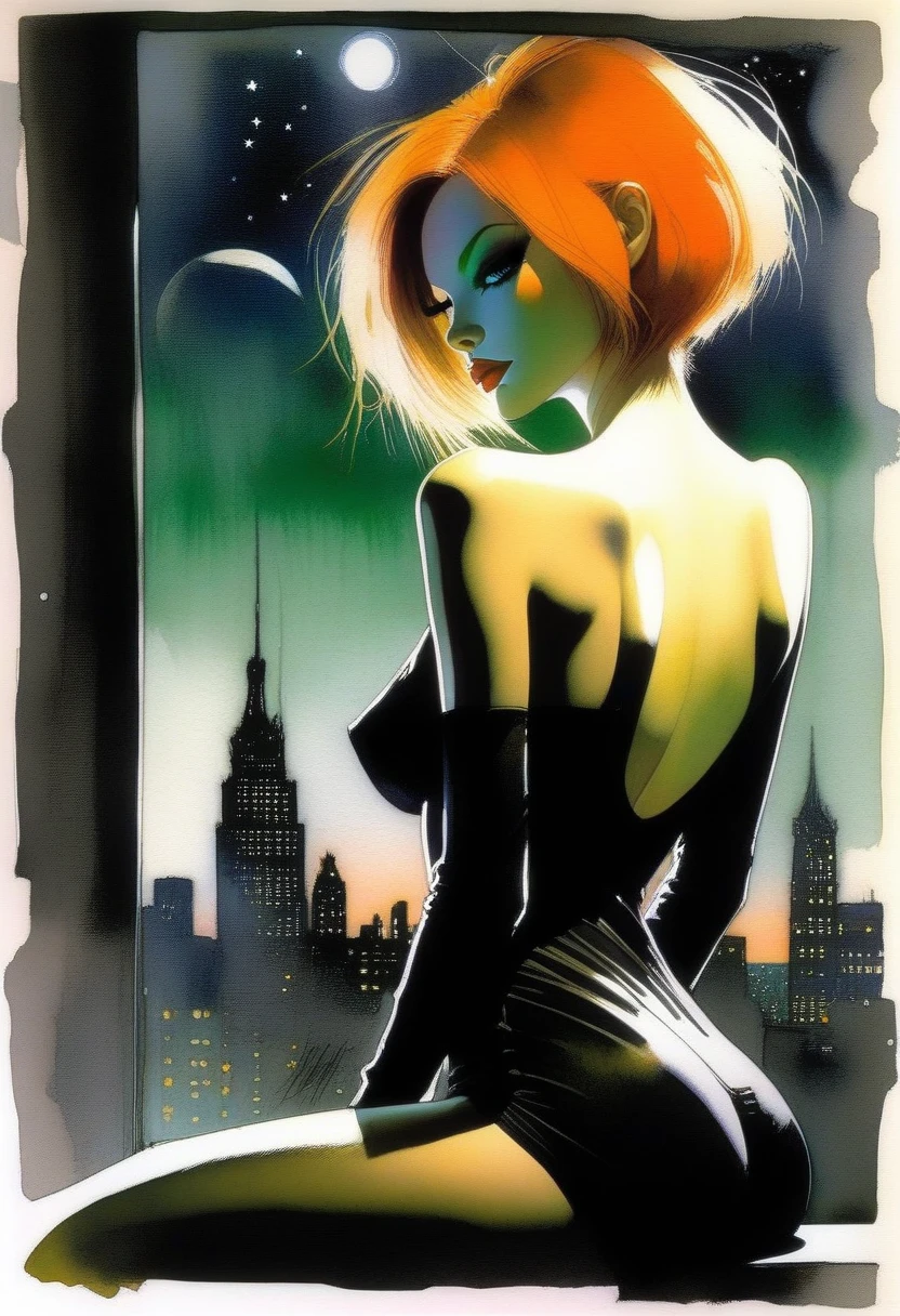 sexy girl, next to a large window overlooking a big city, night, sadness, melancholy, sexy, lingerie, stockings, elegant and provocative, lascivious, oil painting, chiaroscuro, sensual, dramatic lighting, moody atmosphere, photorealistic, intricate details, masterpiece, ultra-detailed, high quality, 8k, best quality, realistic, cinematic, dark and brooding, expressionistic, powerful composition, emotional impact, Bill Sienkiewicz inspired art
