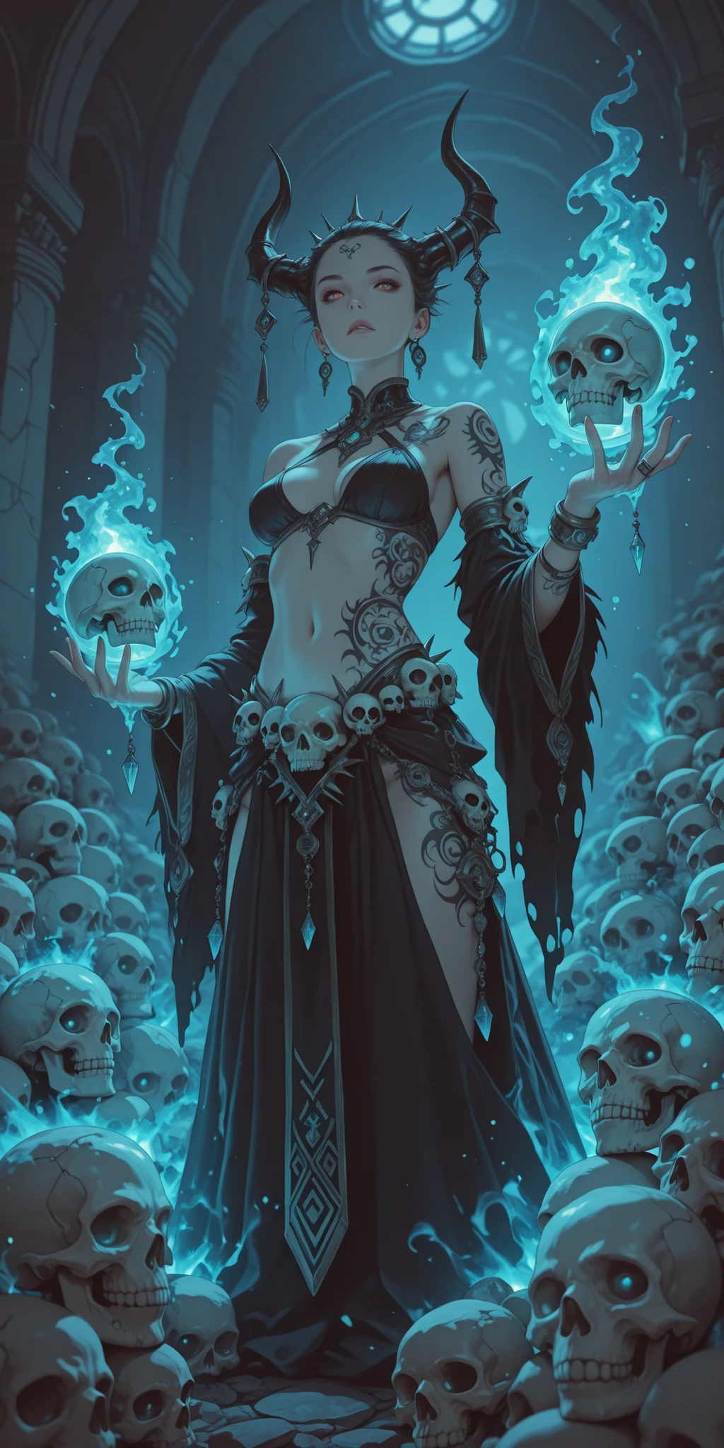 Alchemy. Potions, crystals, skulls, magic, tattoo 