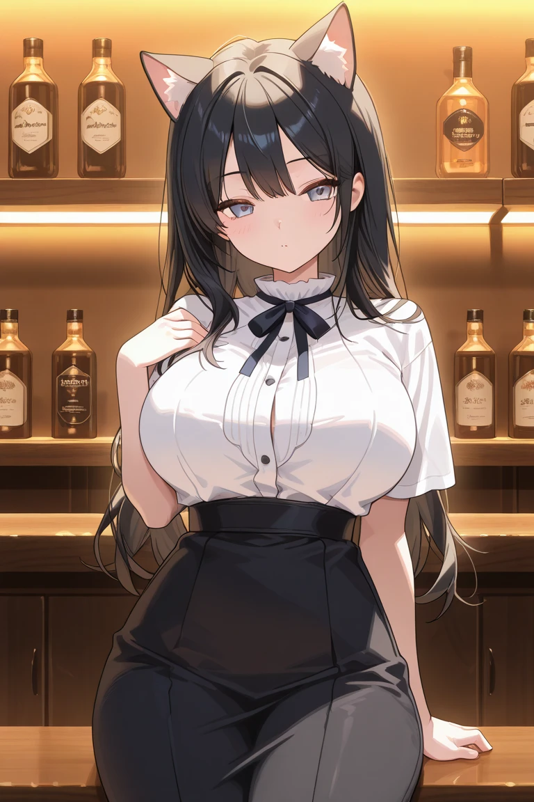 (high quality, 8k, 4K, high contrast, artwork:1.2, high quality, best aesthetics), (centered), ((1 woman)), erotic, sensual, mature body, sexy woman, super detailed, beautiful face detailed, beautiful eyes detailed, detailed beautiful mouth, perfect breats, perfect thighs, (long wavy black hair), (black eyes), (serious expression), (piercing gaze), (looking at viewer), (black lipstick), (front view), (standing), (black rabbit ears), (black sleeveless top shirt), (short white skirt), (black thigh high stockings), (waitress)