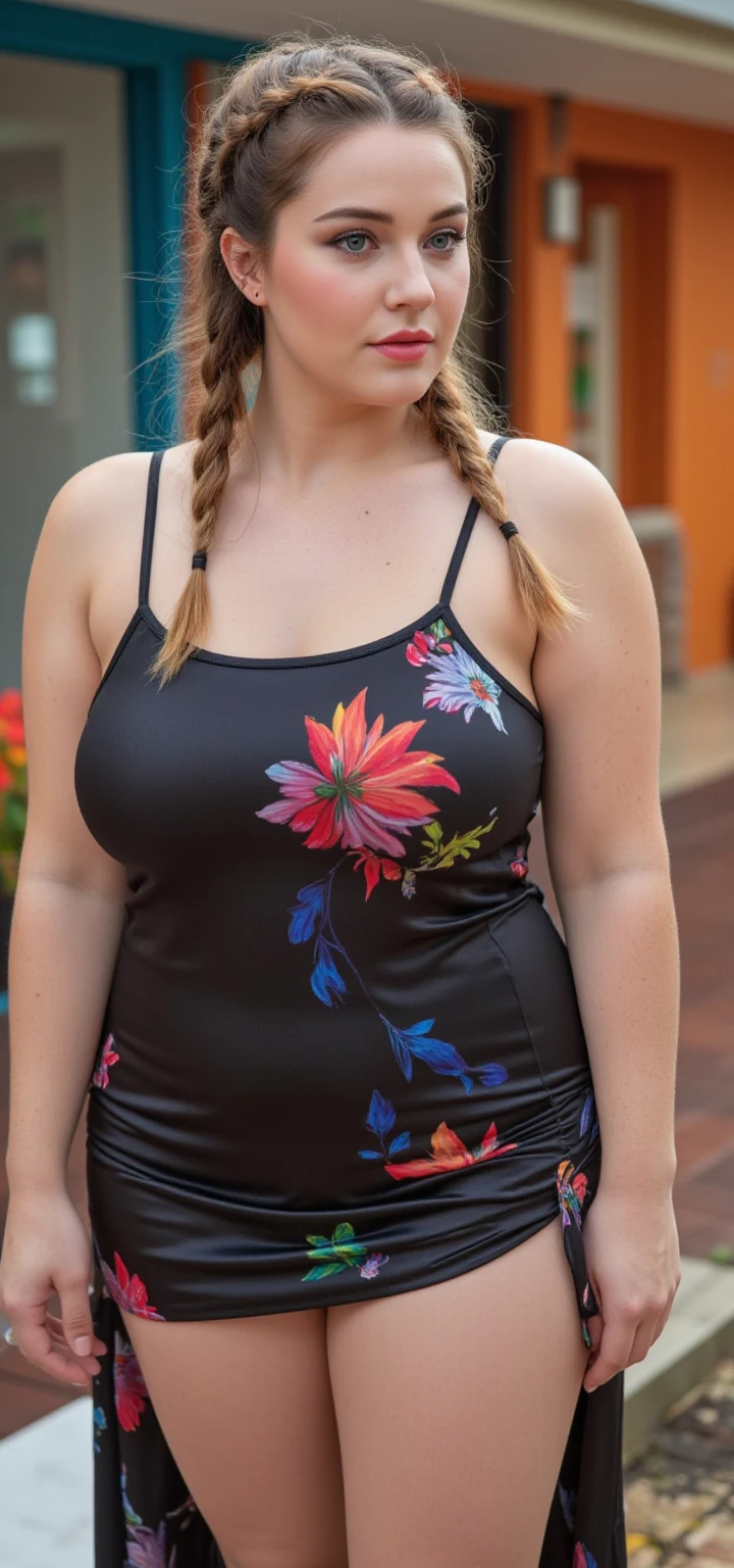 fat ssbbw curvy bottom heavy pear shaped wide hiped british women, 30 brunette, they are standing together near the pool, they are wearing floral one piece, swimsuits , view from behind