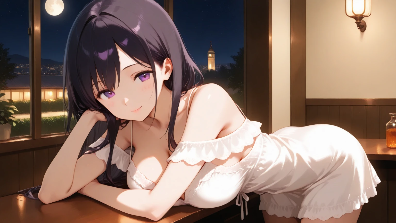 (top-quality、in 8K、32K、​masterpiece、nffsw、超A high resolution、Impresionismo、Photorealsitic:1.2)、1girl in, 独奏, Homura, white backgrounid, (​masterpiece:1.2), (top-quality:1.15), ighly detailed、(Eyes are purple、:1.2)、Smaller chest、grin、Clean thighs、(((Beach at night、a moon、Big Moon、weddingdress、Luxurious dresses、white glove、a white veil、chies、Small body、)))、
