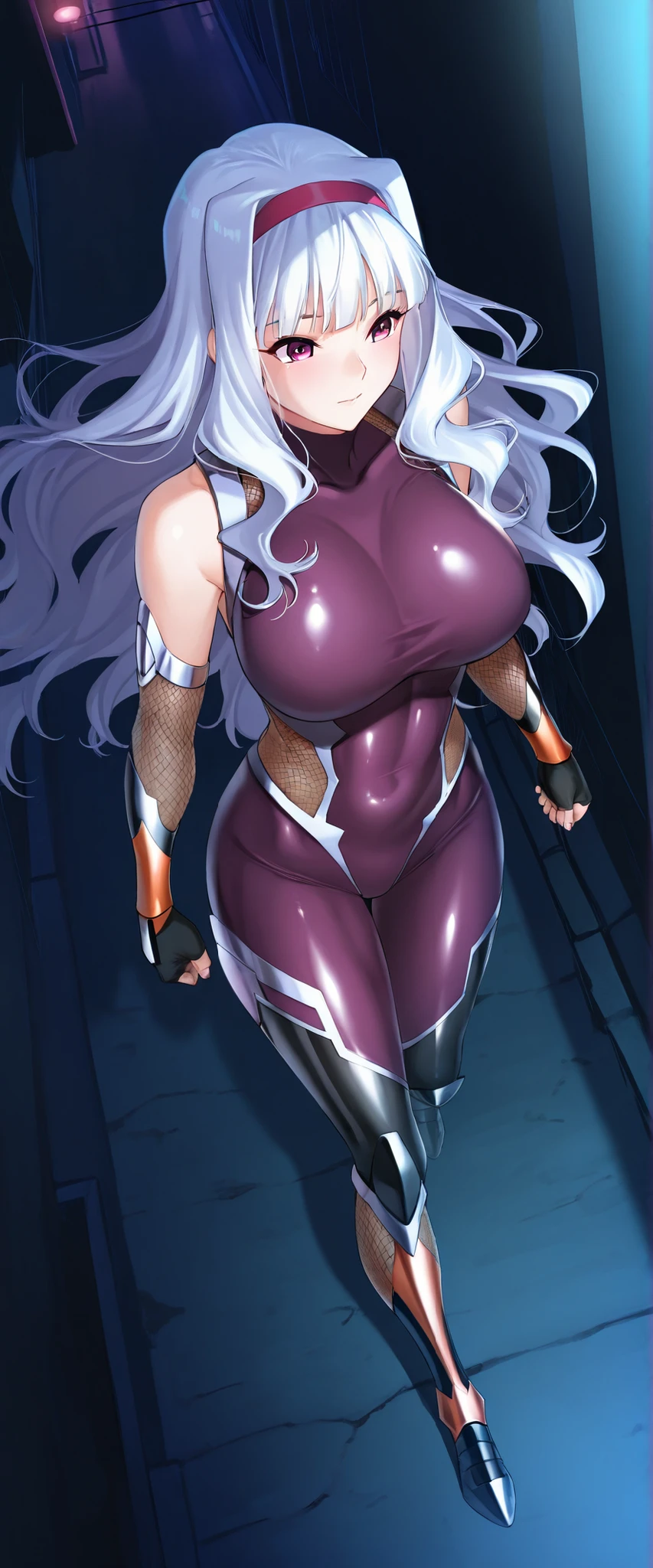  (best quality,4k,8k,highres,masterpiece:1.2),ultra-detailed,(realistic,photorealistic,photo-realistic:1.37),beautiful girl,long straight black hair,fit,

ultra-detailed armpit,beautiful detailed sweat pores,smooth skin texture,meticulously rendered,

(sleeveless purple bodysuit, glowing white linings), (steamy armpits:1.2),

white hair, red eyes,