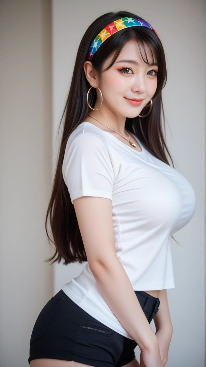 Mystical Eyes、Are fat、fat、Fair skin、Mysterious Beauty、Very sexy、goddess、Large Breasts、smile、smile、Blur the background、alone、Shiny Hair、Provocative face、smile、Plump、Indian、White oversized t-shirt、Pompadour、Has bangs、Bangs fall on the forehead、Anime Style