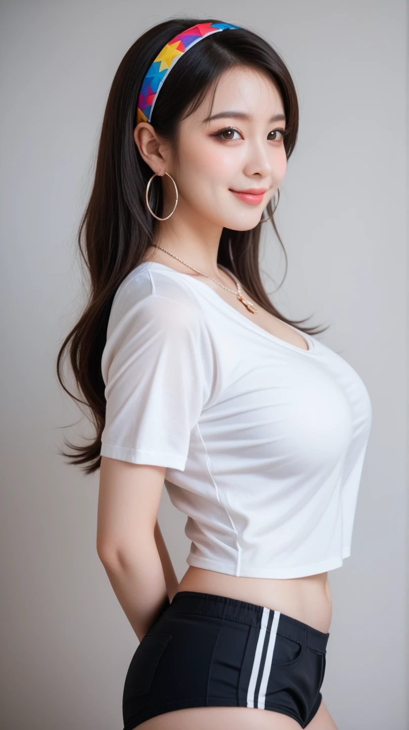 Japanese woman wearing a white T-shirt、
(((masterpiece))), ((highest quality)), ((intricate details)), (((超realistic)), Unorganized solutions, mature woman, mature woman, near and far law, very detailed, realistic, 1 girl, ((big breasts)), perfect hands, finger details, beautiful and detailed eyes, long hair, black eye, black tight skirt, detailed background,perfect eyes, enchanting eyes, look at the audience, from the front、Take a full body photo、laughter、thighs