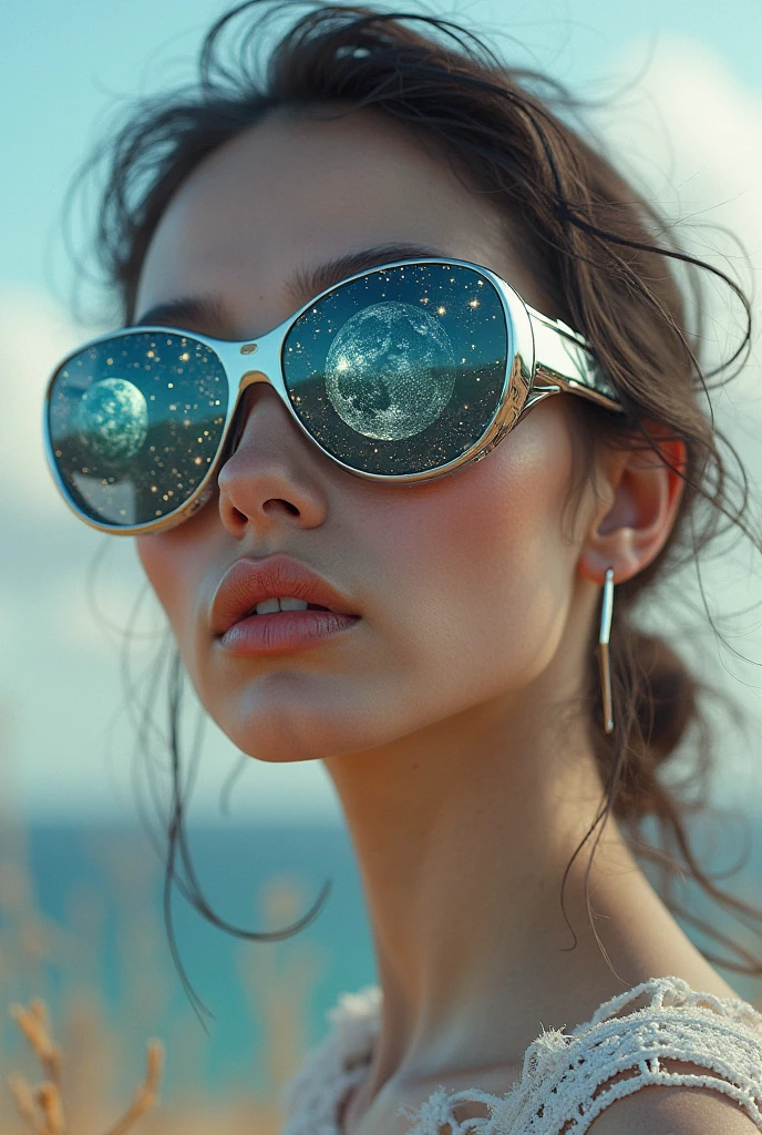 The model is wearing glass sunglasses with stars and the moon on the ...