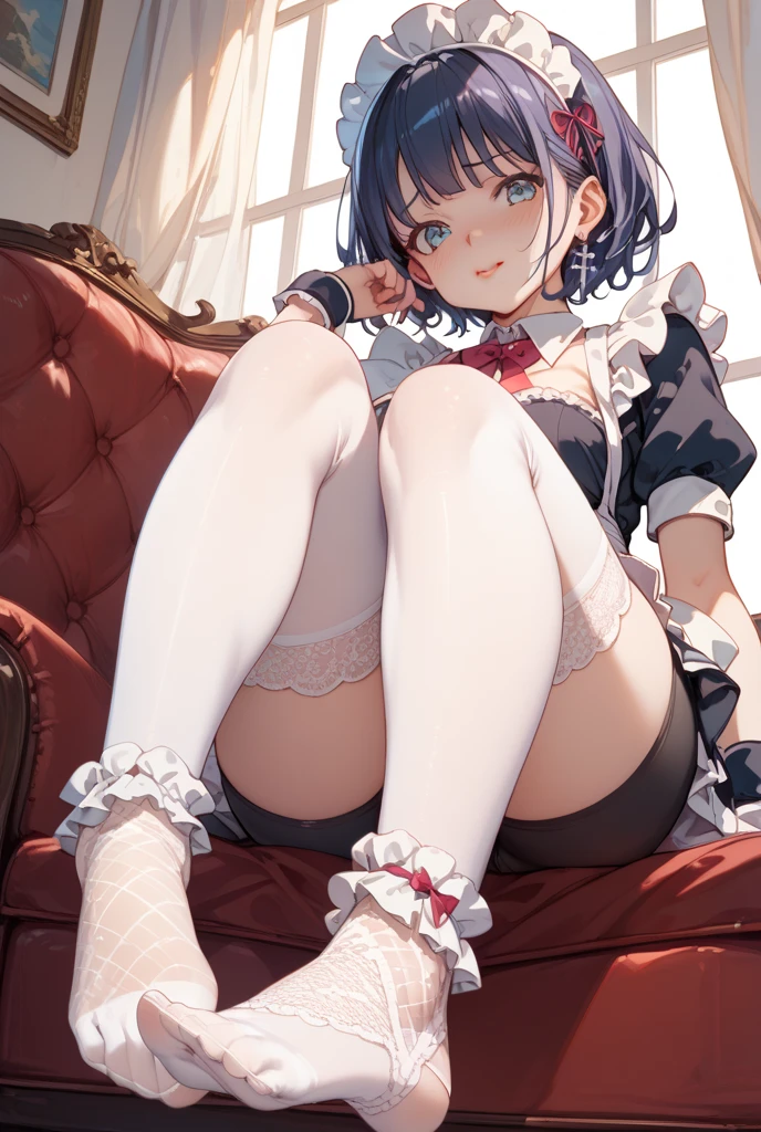 (Highest quality、masterpiece、Super detailed、One Girl、Cute face、Black silky short hair、(((Short hair in twin tails、Short bob twin tails)))、Gray eyes、From the knee up、Gothic Lolita Fashion、Highly detailed eye、Little red cheeks and nose、Cute face、