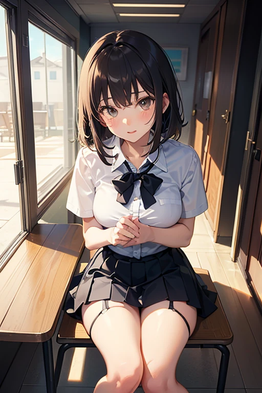 NSFW,(8K、top-quality、​masterpiece:1.2)、(reallistic、Photorealsitic:1.2)、 Phenomenally cute girl、14years、Leaning on the bed、(((Panties)))、(((Spread your legs apart)))、独奏、‎Classroom、watching at viewers、(Sit up:1.5)、In the school、Chest that looks like it's going to burst、Fine and beautiful eyes、)、(Dark blonde hair:1)、(short-hair:1.1)、Panties, Spread your legs apart, skirt by the, student clothes, Panties, sockes, A dark-haired, The shirt, bblurry, blurry backround, knee high, white  shirt, lowfers, life-like, length hair, s lips, Brown-eyed, Black socks, neck tie, pleatedskirt, the bow, head rest, plein air, Brown Footwear, ​masterpiece, top-quality, ultra-detailliert、(((Don't wear panties)))、(((Spread your legs apart)))、Inviting eyes、