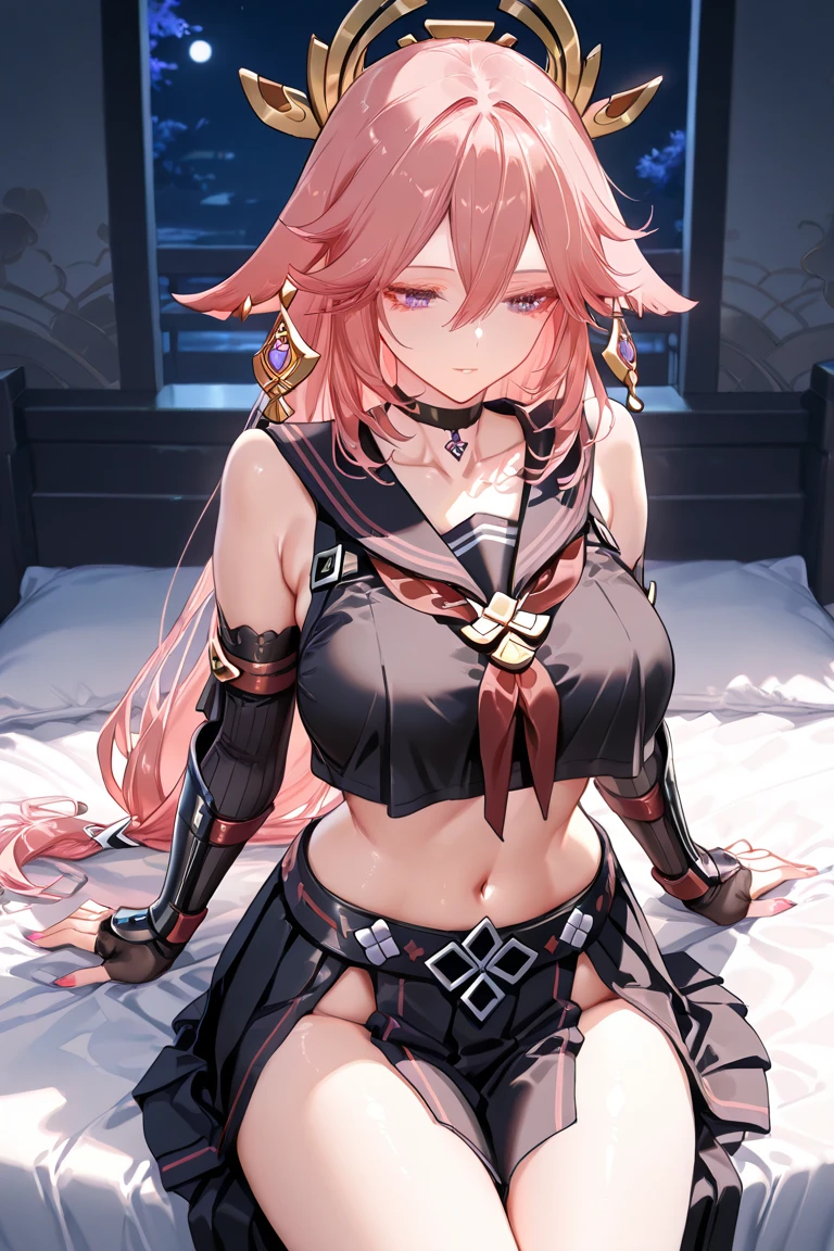 puuna, mastpiece, incredibly absurdres, best quality, all fours, 1girl, solo, full-face blush, large breasts, (Bright Pink hair and Silver gradient hair:1.4), curtain Bangs, (long hair:1.3), gold eyes, detailed eyes, (fleshpunk style clothing and setting:1.4), wearing nontraditional miko and earclip with hair ornament and locket, (arena), beautiful background, amazing background