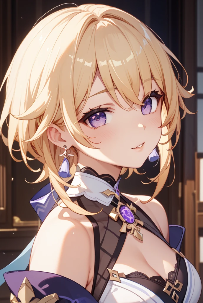 (muste piece), (best quality), very detailed eyes, expressive eyes, perfect face, very detailed face, highly detailed face, beautiful girl, 8K, beautiful girl, white background, delicate and beautiful face and eyes, dark intense shadow, 
1 girl, vtuber style, cool girl, hololive,Yuzuki Choco, blond hair, see-through:evening dress, big chest, cropped shoulders, clavicle, one eye close winking, smile, (full body), standing,