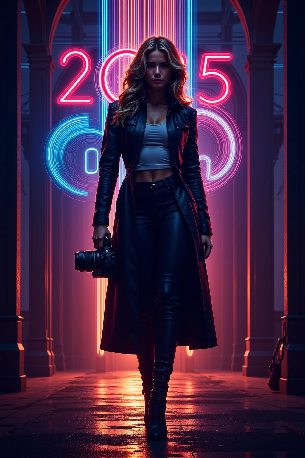 matrix inspired futuristic long corridor with all-glass wall, glowing rainbow auto weapon image displaying on wall, (low angle view), at dark night, background darkness:2.0, (1girl, solo, alone), medium-breast slim:0.6 body, oval:0.5 face, cleavage:1.1, sexy black laced bra, miniskirt, white laced panty, coat, (black micro sunglasses), (holding a short gun), (slightly leaning forward running pose, motion blur effect), (half-body thigh level medium shot), cinematic blurred lighting, ray tracing.