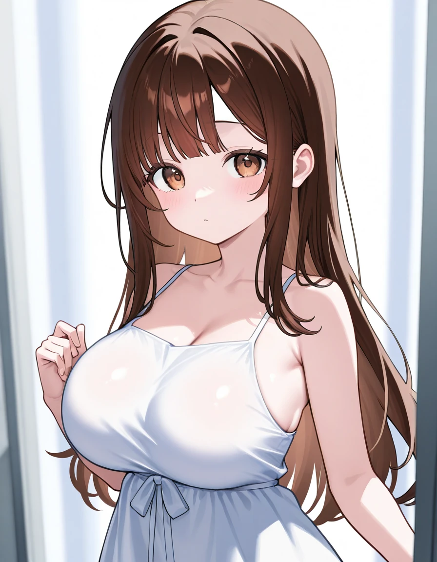 Highest quality、masterpiece、Large breasts、Small waist、Brown Hair、blue eyes、Long Hair、locker room、white underwear、
