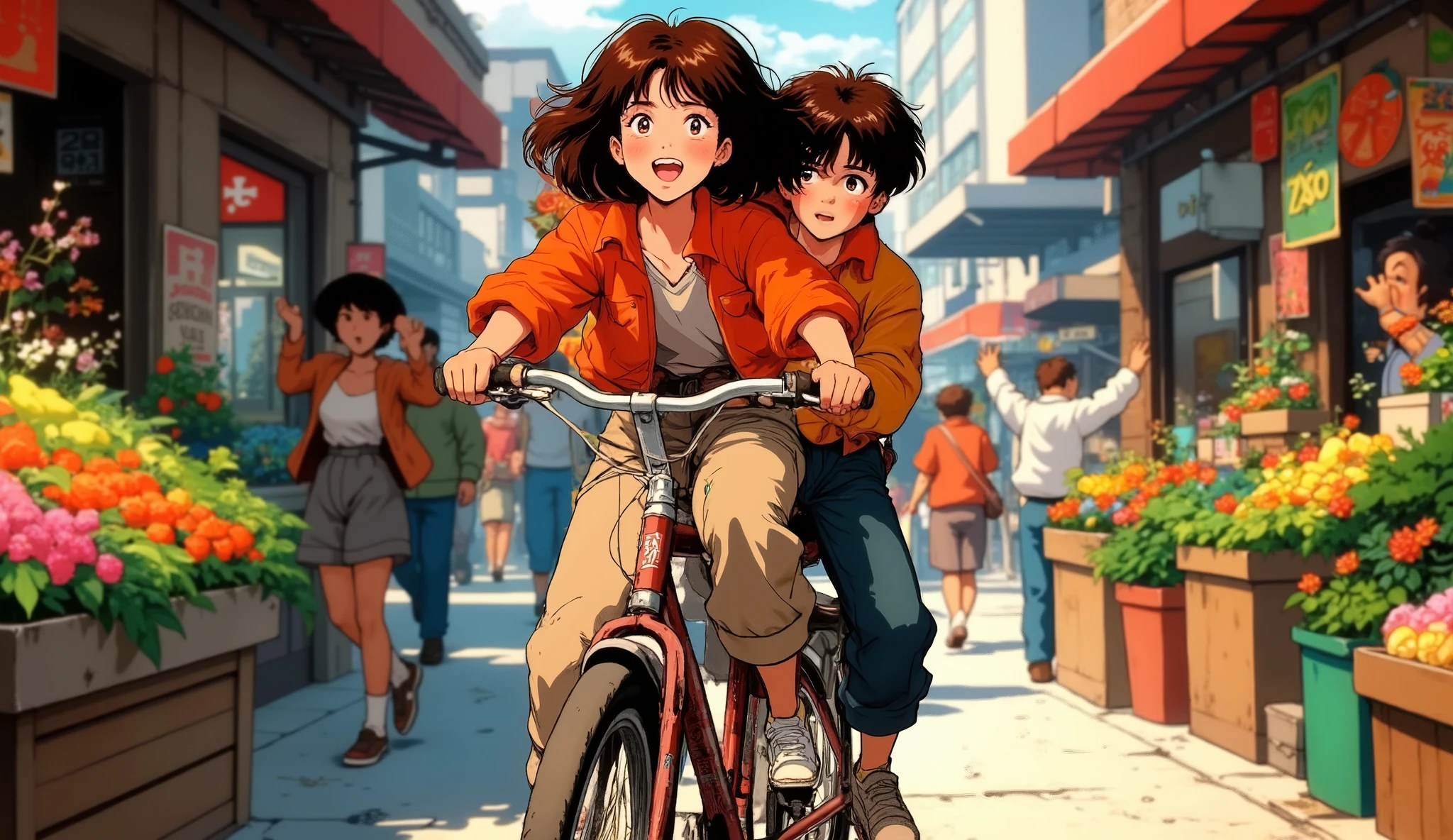 a brown-haired girl pedaling a bicycle with a black-haired boy peaked on the rump behind her, In the background a busy street with lots of fruit stands and people waving at them