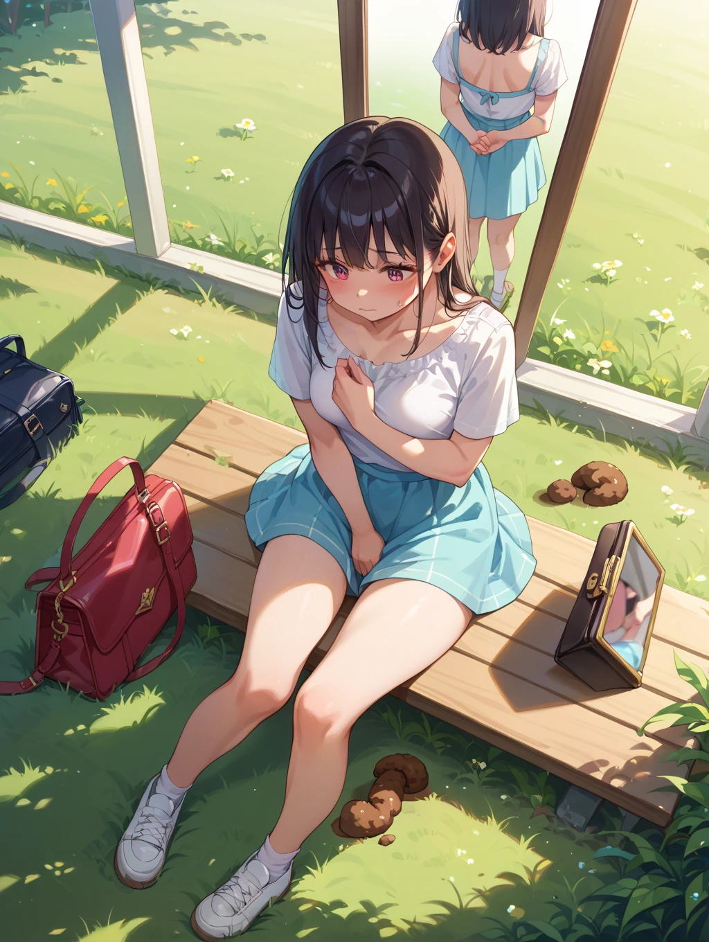 NSFW、fullnude、top-quality、​masterpiece、超A high resolution、(Photorealsitic:1.4)、a school bag、One girl yawning in the park、childish、Panting face、A dark-haired、Functional、Bewitching、Dramatic Lighting、full body Esbian、maikurobikini、huge-breasted、Getting from behind、a park、Pubic hair shows through、all-fours、blushed face、Functional、Nasty、the kiss
