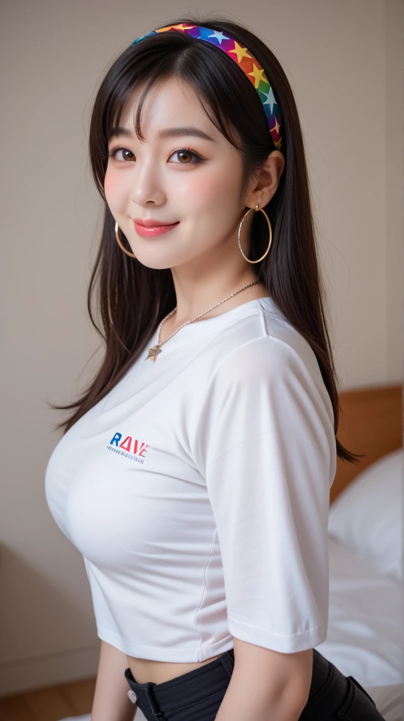 Tabletop, highest quality, figure, Super detailed, In detail, High resolution, 8k wallpaper, Perfect dynamic composition, I am a photographer, She is a model, Beautiful fine details, Long Hair, Big Breasts, Natural color lip, Hugging Pose，T-Shirts，