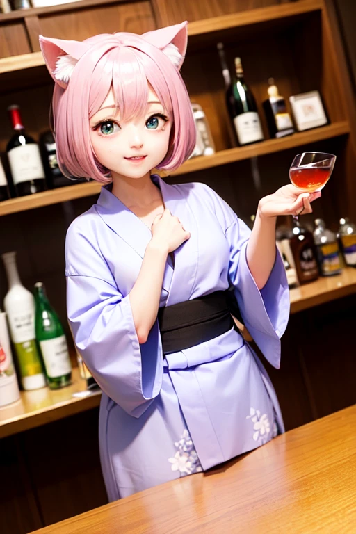 Tabletop、Realistic、Highest quality、Highest quality、masterpiece、Ultra-high resolution、RAW Photos、Realistic、Bright lighting、Face Light、Smooth Professional Lighting、Highest quality、masterpiece、Ultra-high resolution、(Photorealistic:1.4)、RAW Photos、Detailed CG image quality, Beautiful poop、One Girl、Japanese、Age 25、(blue eyes:1.2)、Pink lipstick、Laughter、(Pink hair:1.4), (Short length yukata:1.4)、Cleavage、Detailed portrait、8K quality、Concept Art、A dramatic, cinematic atmosphere、Sharp focus、Blurred foreground、Blurred Background:1.3, soft smile, (A young woman in a yukata walking along a road with many food stalls)