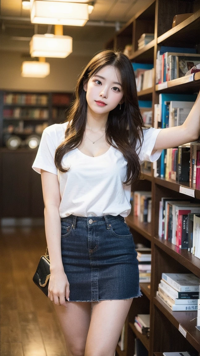 1 Girl,bookshops,Soft Light,Chinese Beauty,Short sleeve,Pleated Skirt,Sexy,Long hair