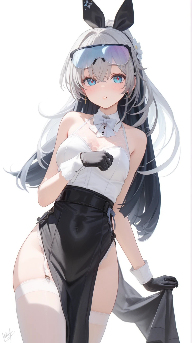 Adult features tall Light blue eyes Gray Hair ponytail Slit eyes laugh at Glare frivolous attitude Evil Face White shirt No tie Black hot pants Black long gloves Black knee socks grassland looking at the camera
