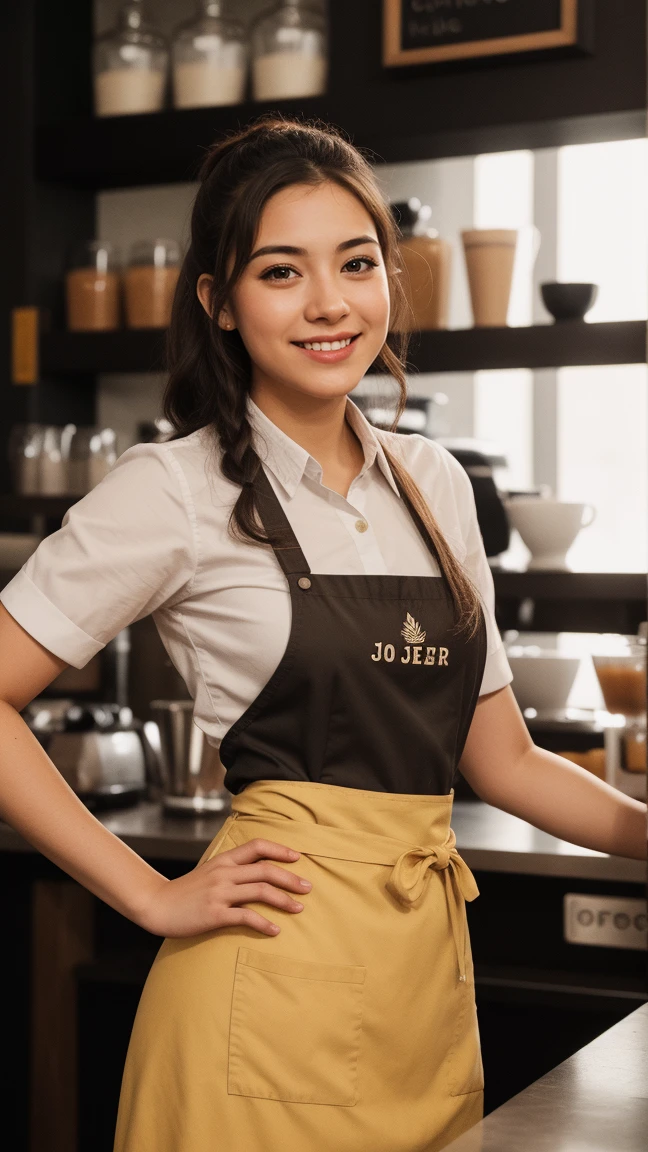 (Female clerk in café:1.4),Beautiful 16 year old woman,Natural smile,