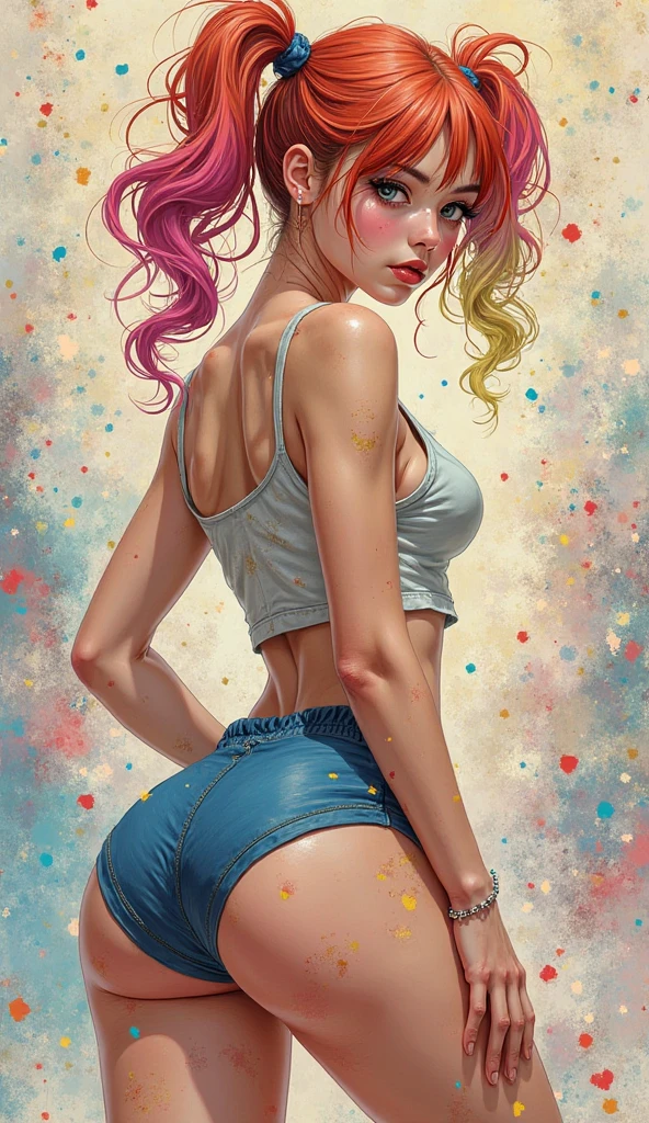 taken from behind, highly-detailed, closeup of the butt, standing straight up pose, dynamic pose, teacher uniform, nice ass uses, ginger hair, [sexy busty blonde], in a dreamlike setting, with soft pastel colors, in tall long wildflower field, painted in impressionist style, brushstroke painting technique, palette knife painting, an expressive oil painting, [(colorful explosion psychedelic paint colors:1.2)::0.25], Leonid Afremov