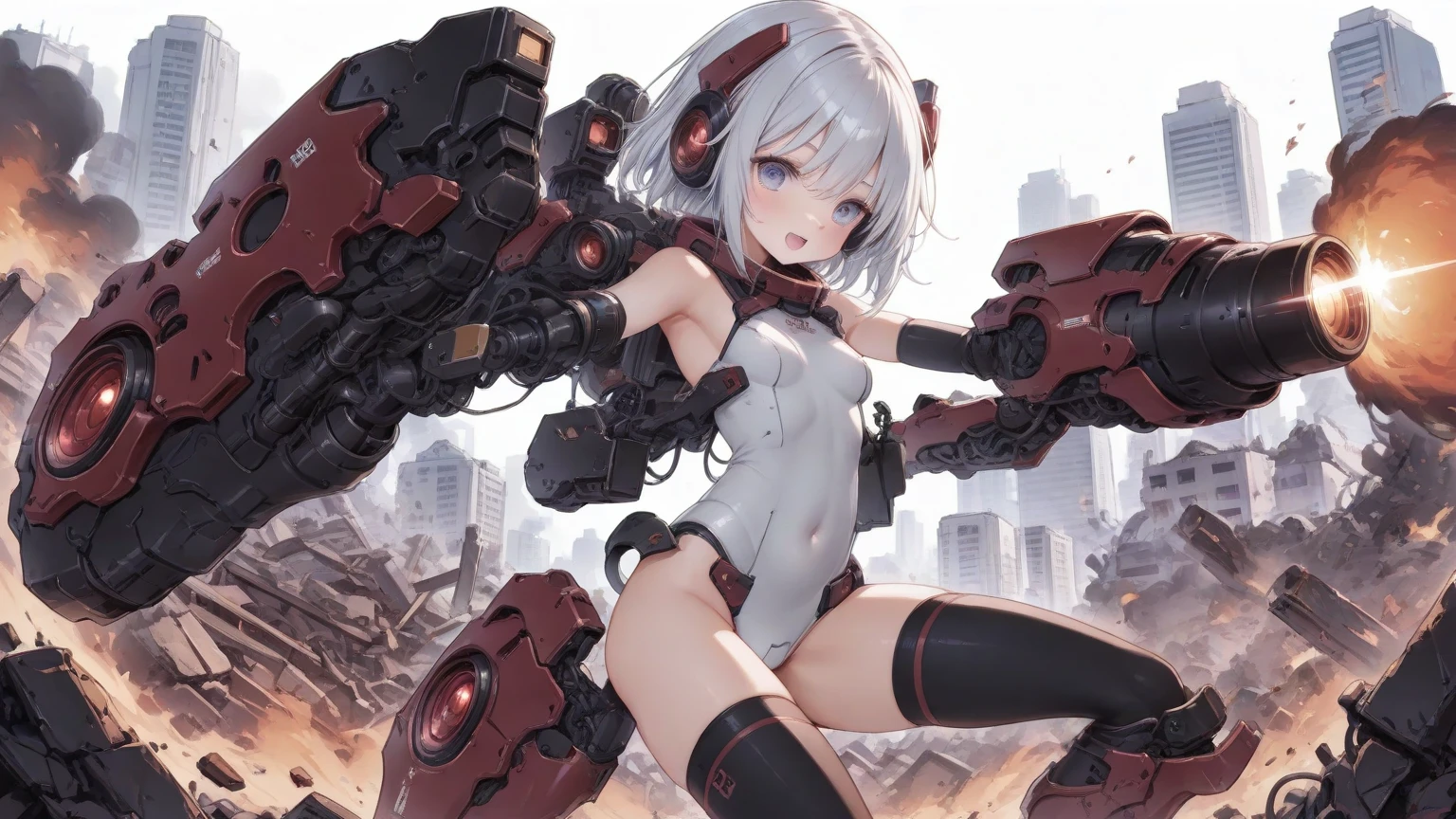 Japanese_anime_style,1figure_girl,(loli:1.5), (short_ponytail:1.3), (light_whitish_purple_hair:1.3),black_mechanical_armor_parts,white_breasts_parts_red_black_body_suit,bare_shoulder,bare_slender_thighs,medium_breasts,on_the_desk, desk_background,Stinging_eyes,(half_pupil:1.5),sleepy,thighhigh_greaves,gauntlets,dynamic_posing,bare_frank,metal_red_parts_armor,red_eye,
fists,hold_weapon,glare,navel,large_mechanical_parts,happy,waist_armor,open_mouth,rise_legs,apart_legs, (covered_navel:1.3),(very_long_bangs:1.3), (hair_over_one_eye:1.5),(long_bang_covers_right_half_of_face:1.5),
(covered_pussy:1.1),covered_breasts,armpits,