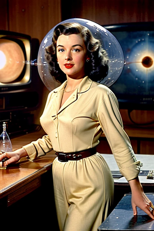 (((Old science fiction TV series))), Fotografia, Extremamente realista, Scene from an old science fiction TV series from the 1950s with human actors and actors talking to each other in a meeting dressed as aliens and robots. with a retro spaceship in the background of the scene, flying saucers and stars in the sky, Science Fiction TV series with monsters, beautiful sensual young actress, (((anos de 1950))), Ancient aesthetics,