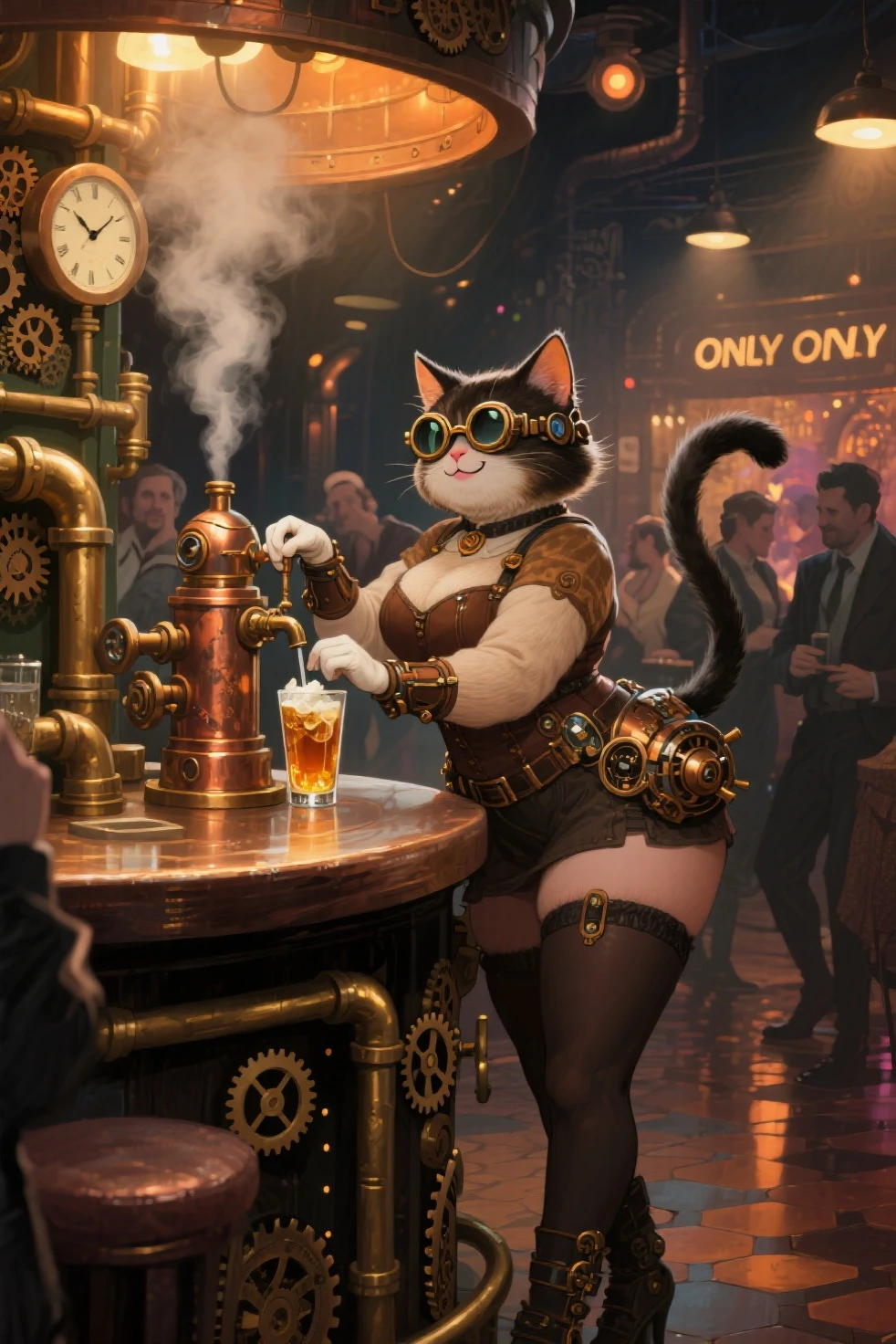 there is a woman in a gas mask holding a cigarette, wojtek fus, steampunk concept art, artgerm julie bell beeple, steampunk fantasy style, portrait of a steampunk catgirl, stunning character art, cgsociety masterpiece, lofi bioshock steampunk portrait, digital steampunk art, steampunk pin-up girl, cgsociety contest winner