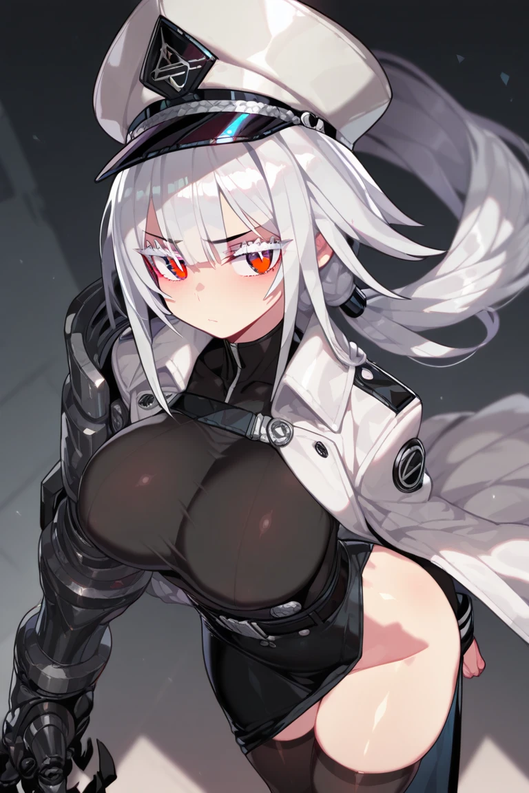 Long legs, long hair, gray hair, cyberpunk, depth of field, blurred background, thong, nudity, big breasts, cleavage, vaginal fissure, sexy