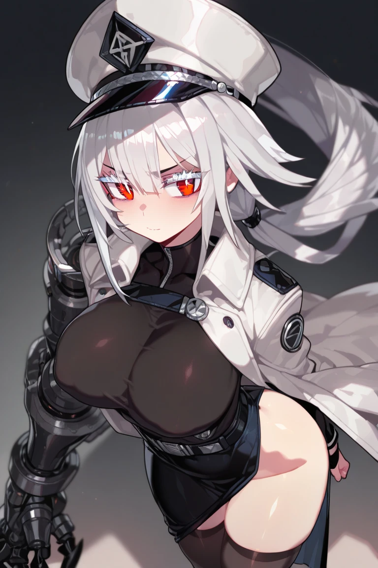 fly open, solo, Lapland (Arknights), smile, white hair, loose hair, long hair, golden eyes, standing, bruises, scars, scratches, large breasts, expression of pleasure, smile, one black thigh, boots, belt, crop top, shorts, scar through eye, hair clip, shadowed face, living room, nipples visible, dripping vagina