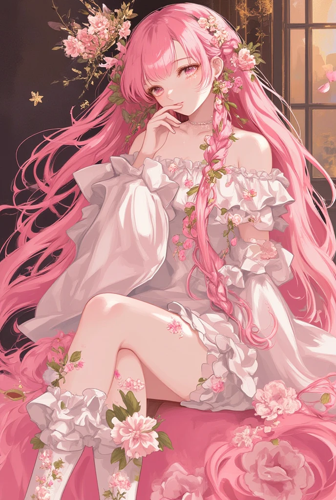 Anime guy with long pink hair, sitting in an antique chair with a rose delicately held between his slender fingers. His hair cascades down in soft waves, reflecting the light in shimmering pink strands. The background is an elegant anime key visual, filled with intricate patterns and muted colors, accentuating the beauty of the androgynous prince.
Beautiful androgynous prince, with delicate features and magical green eyes. Their long lashes cast soft shadows against their lightly painted cheeks. Their body is adorned with elegant attire, each line and curve accentuated to perfection, showcasing the elegance of the demon slayer art.
Hands,perfect body or perfect face