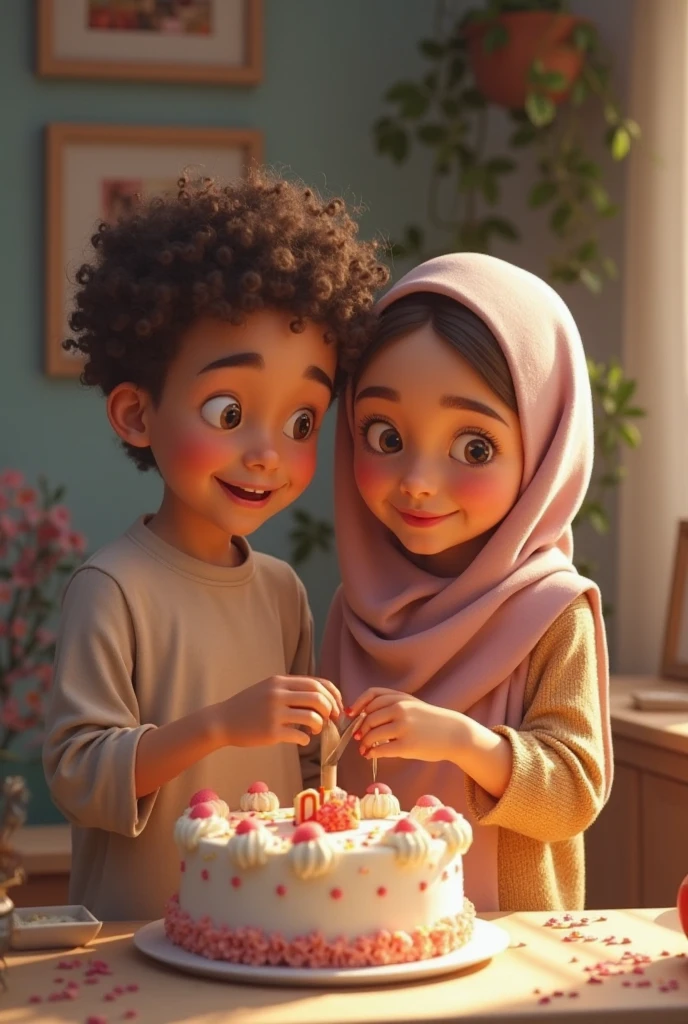  black boy at the campus inside the lecture room looking cool and a dark skinned Muslim girl dressing in black is coming with a cake behind him
