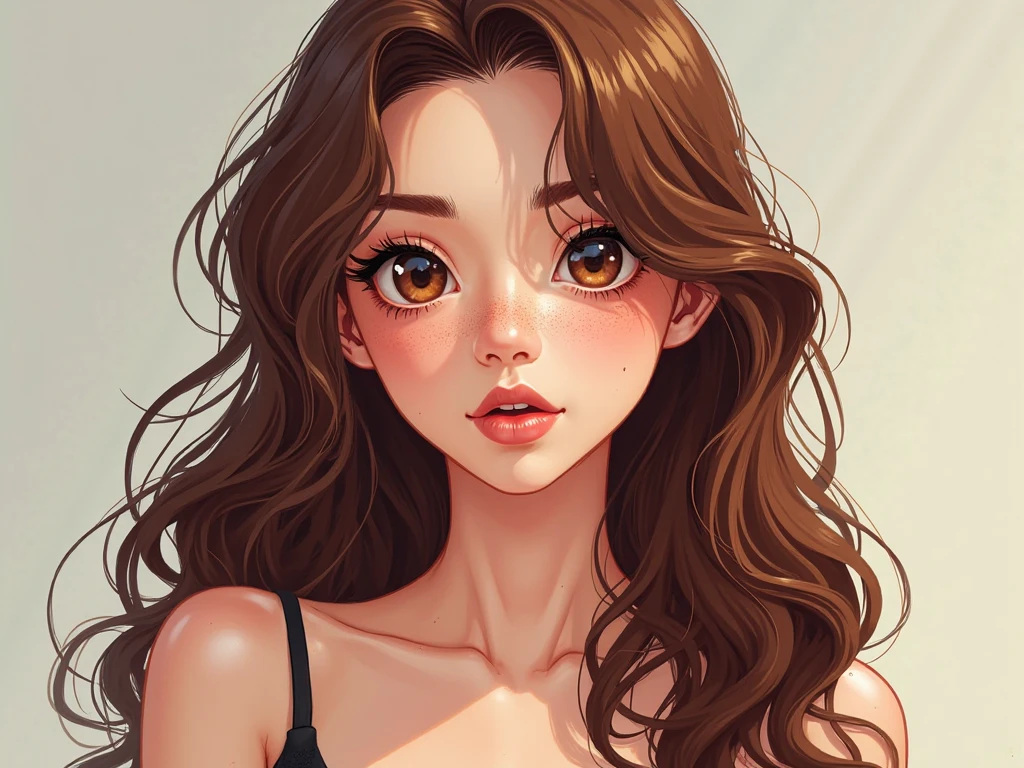 Cartoon image of a 29-year-old Venezuelan girl, white skin color and brown eyes, shoulder length copper colored hair, Her hair is between straight and wavy, She is thin and weighs 50kg, stomach 1,50 cm, Her nose is small and she has very subtle freckles., Her lips are thin and have a marked cupid's bow, and her breasts are small