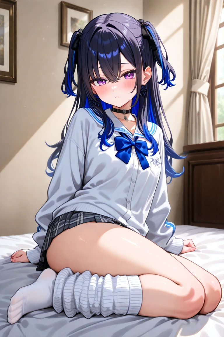 girl's room living room elementary school girl 8-year-old flat chest black hair long hair eyes are purple ((1 person)) Upper body white long sleeve sailor suit Lower body navy mini skirt white panties white socks sitting with knees up on the sofa spread your legs a little((I can see white panties)) dynamic angle Low - Angle